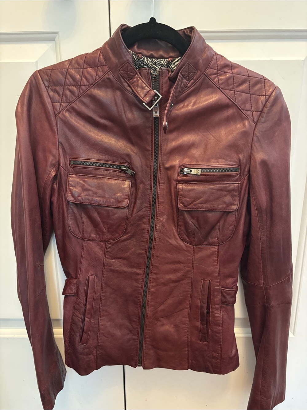 Women's Quilted Shoulder Burgundy Leather Jacket